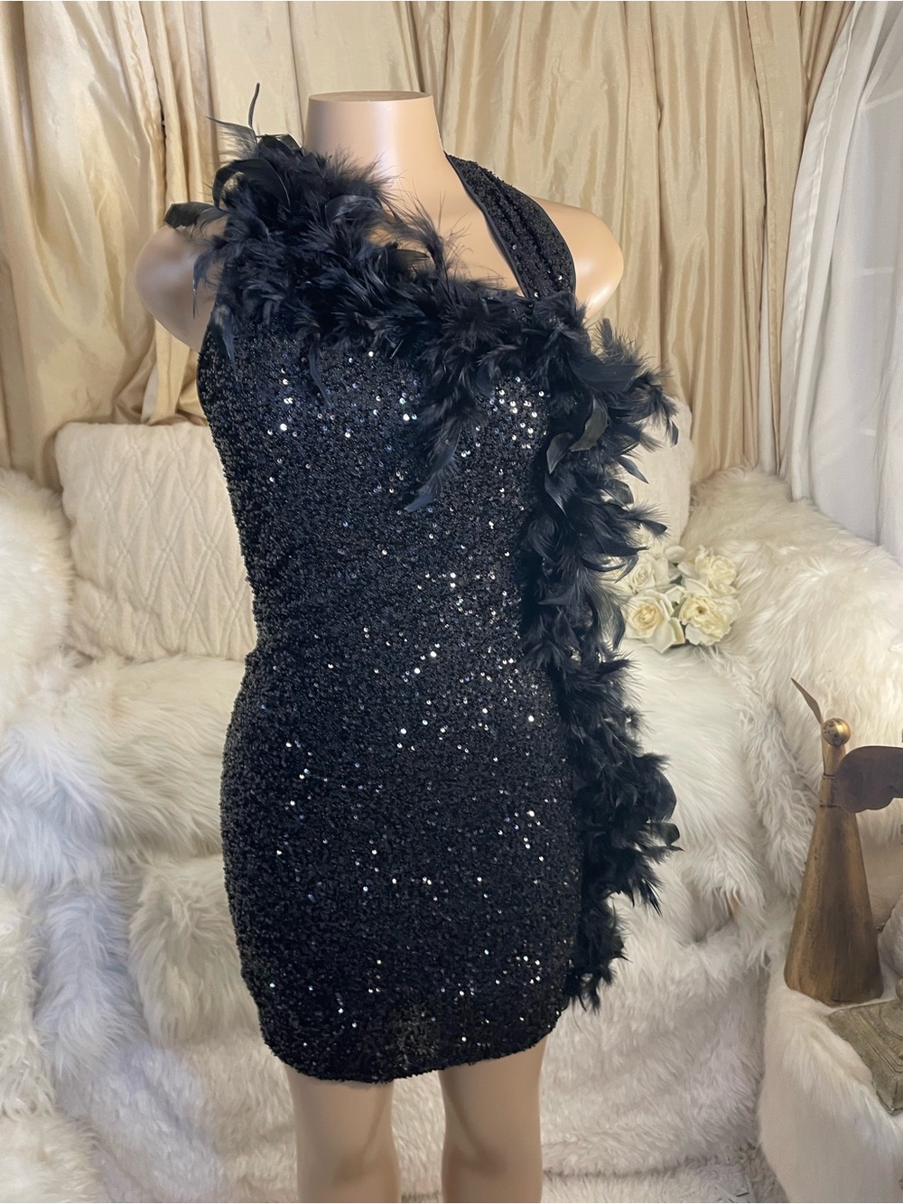 Sexy in Black Sequin One-Shoulder Feather Trim Mini Dress -Small